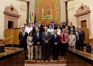 Les représentants des Parlements membres du Groupe de travail e-democratie dans la salle de séances plénières du Parlement d'Andalousie